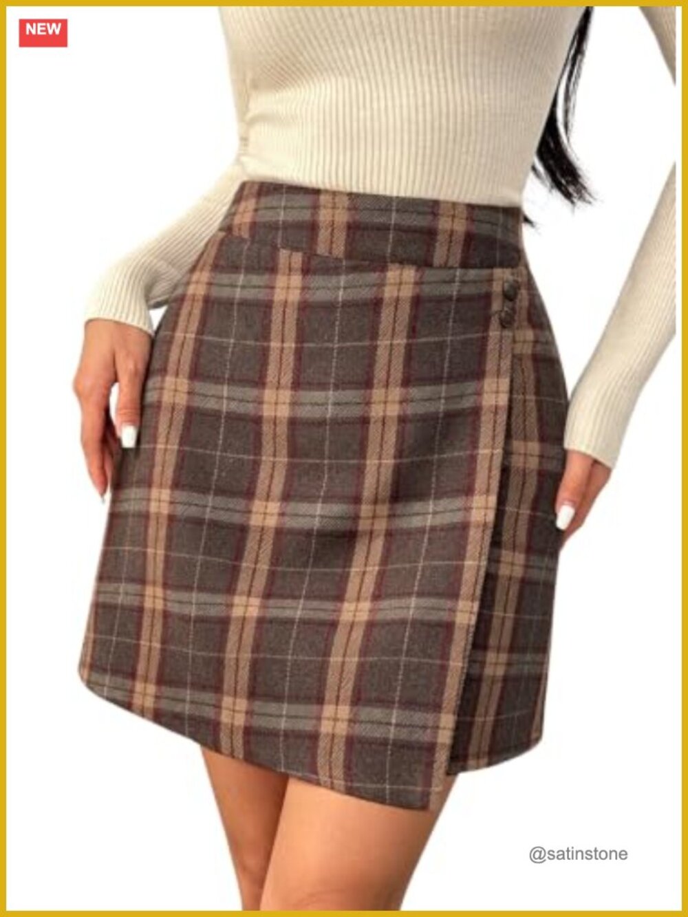 Plaid A-Line Mini Skirt High Rise Elastic Waist Pockets Button Decor